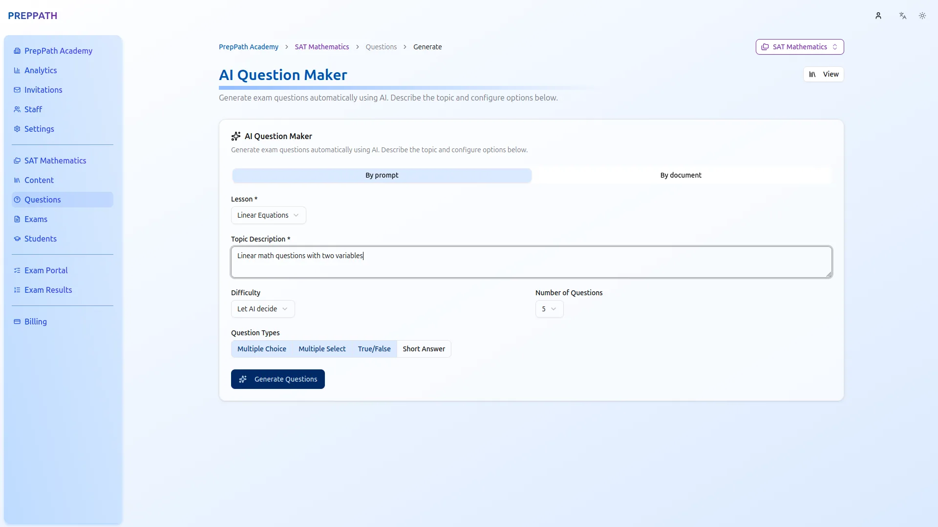 PrepPath AI question generation screen, creating exam questions from an uploaded document