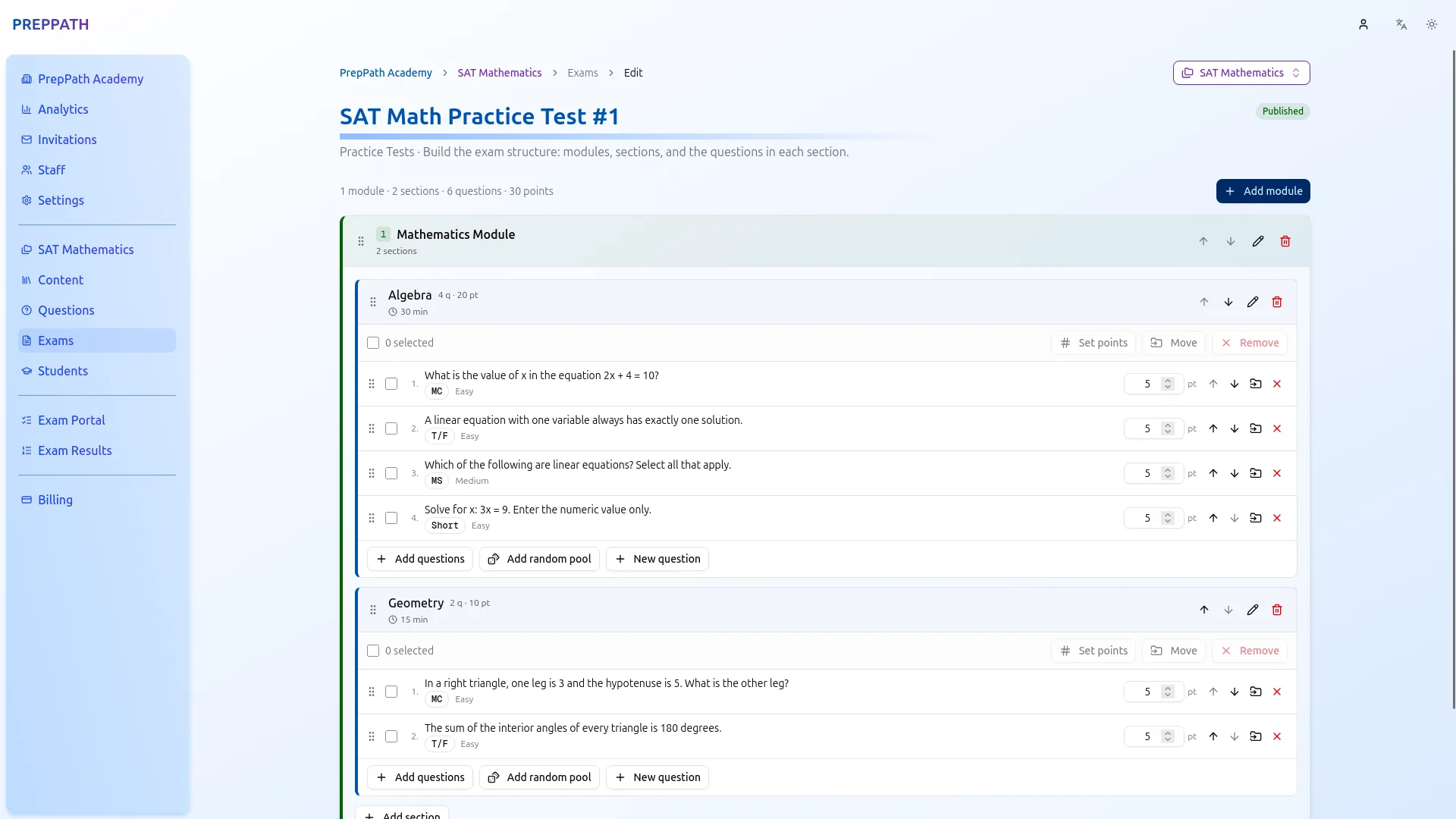 PrepPath exam authoring screen with sections, timers, and question pools