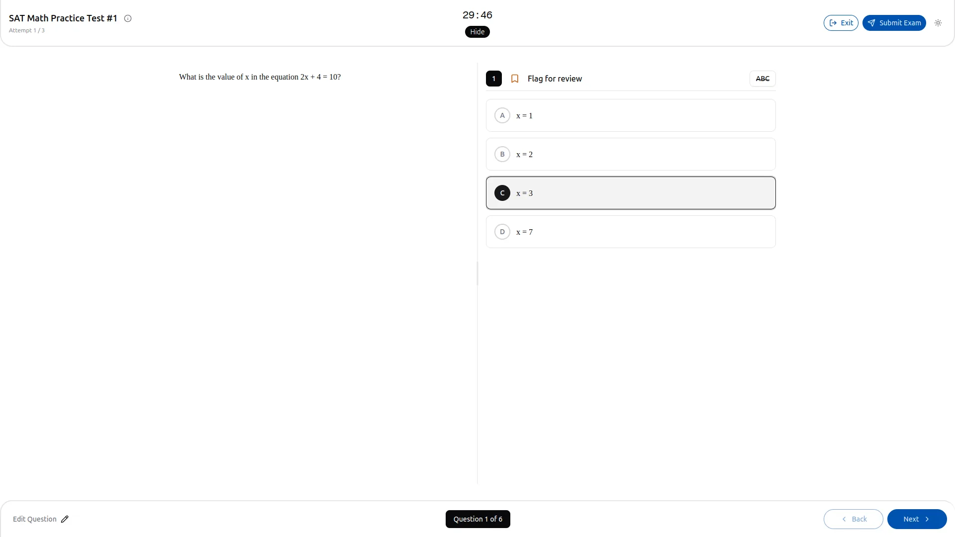 PrepPath exam delivery screen as seen by a student taking a timed exam