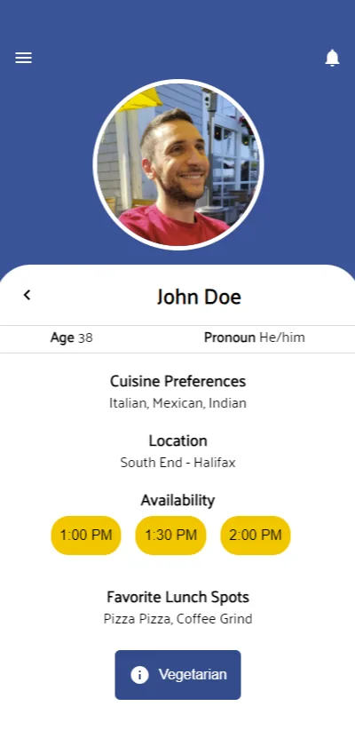 Lunch Buddies app screen showing profile management